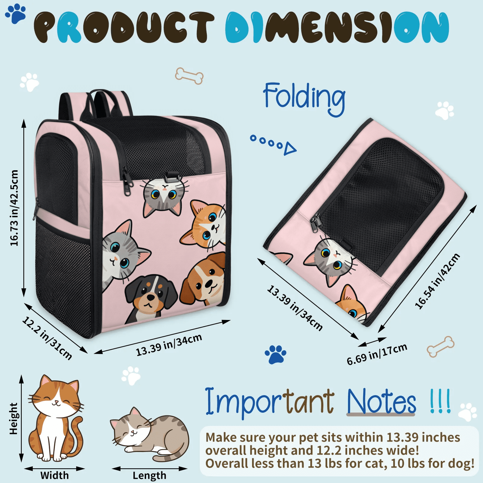 Cute Pet Backpack Carrier for Cats & Small Dogs, Breathable Mesh Design, Safe Travel Carrier for Outdoor Hiking, Walking, Vet Visits