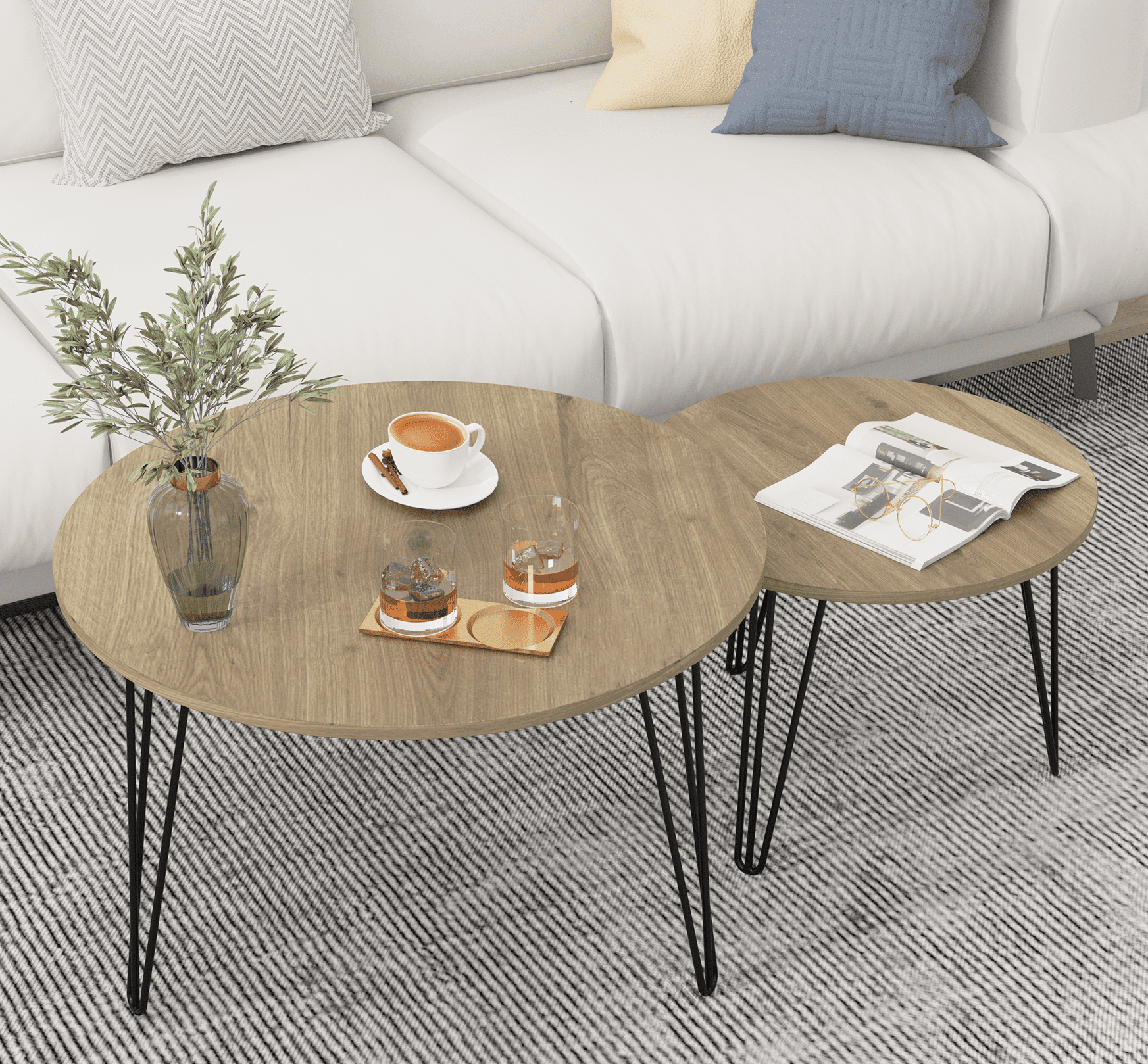 Yoneston 27.56" Round Nesting Coffee Table Set of 2, Wooden Tabletop End Table with Sturdy Metal Legs for Living Room Bedroom, Brown