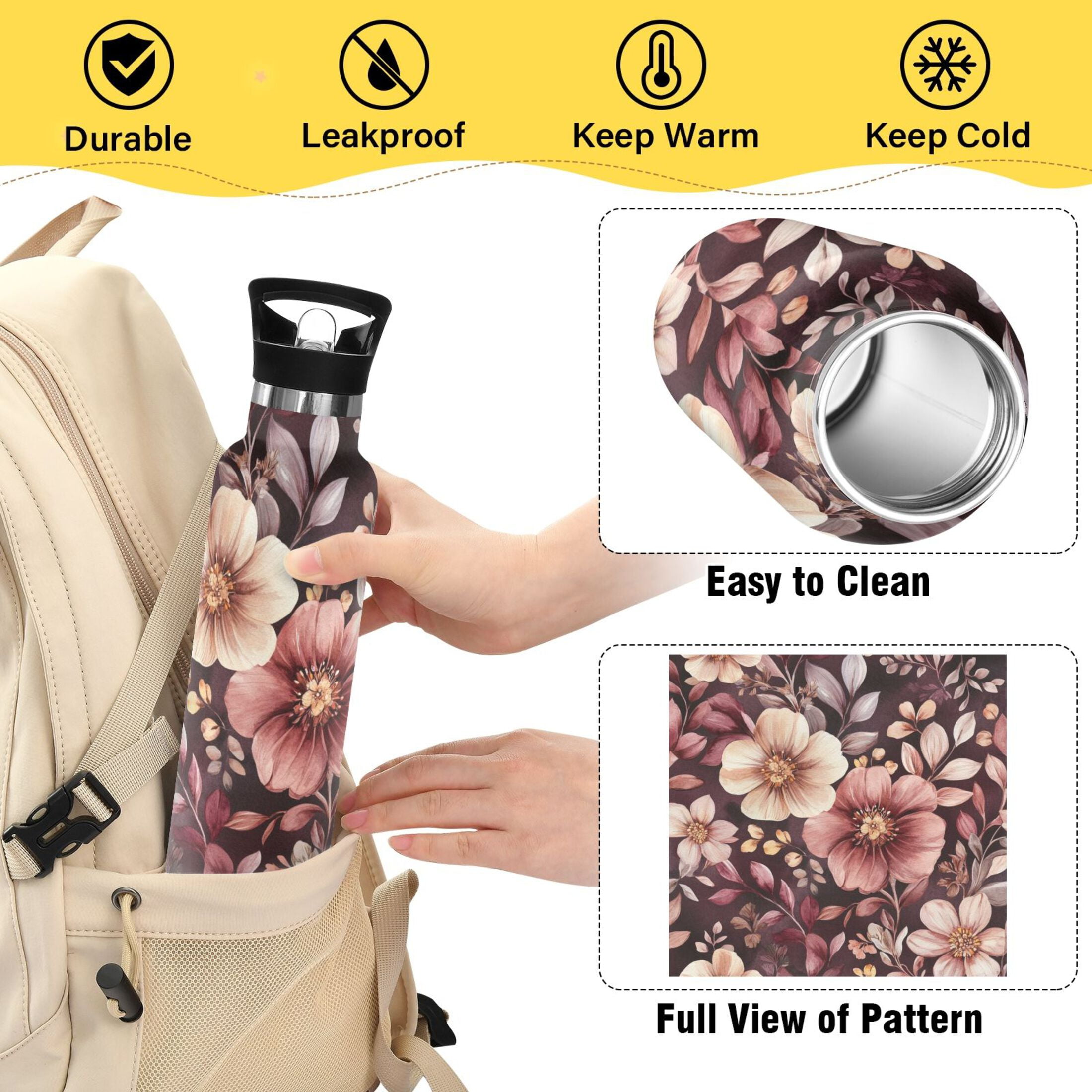 600ML Stainless Steel Insulated Cup Sports Water Bottle Portable Thermos Cup Water Glasses Insulated Tumblers Convenient and Durable Vibrant Maroon Flowers