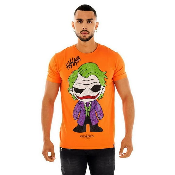 Holly Chic LA Avenue George V Paris Men's Orange T-Shirt The Joker Crystal Rhinestone Fitted GV Shirt X-Large
