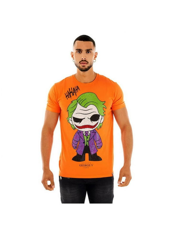 Holly Chic LA Avenue George V Paris Men's Orange T-Shirt The Joker Crystal Rhinestone Fitted GV Shirt X-Large