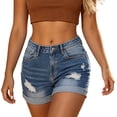thumbnail image 2 of Kilaqueen Women's High Waisted Denim Shorts with Distressed Detail and Rolled Hem, Stretch Jean Shorts with Pockets for Summer and Casual Wear, 2 of 5
