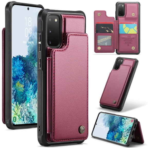 for Samsung Galaxy S20 Premium PU Leather Back Case, Multiple Card Slots Design, Double Magnetic Clasp Study Kickstand RFID Blocking Classic Phone Cover for Samsung Galaxy S20, Winered