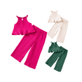 thumbnail image 3 of BemeyourBBs Little Girl Pants Set Solid Sleeveless Ruffle Cami Tops Wide Leg Pants, 3 of 8