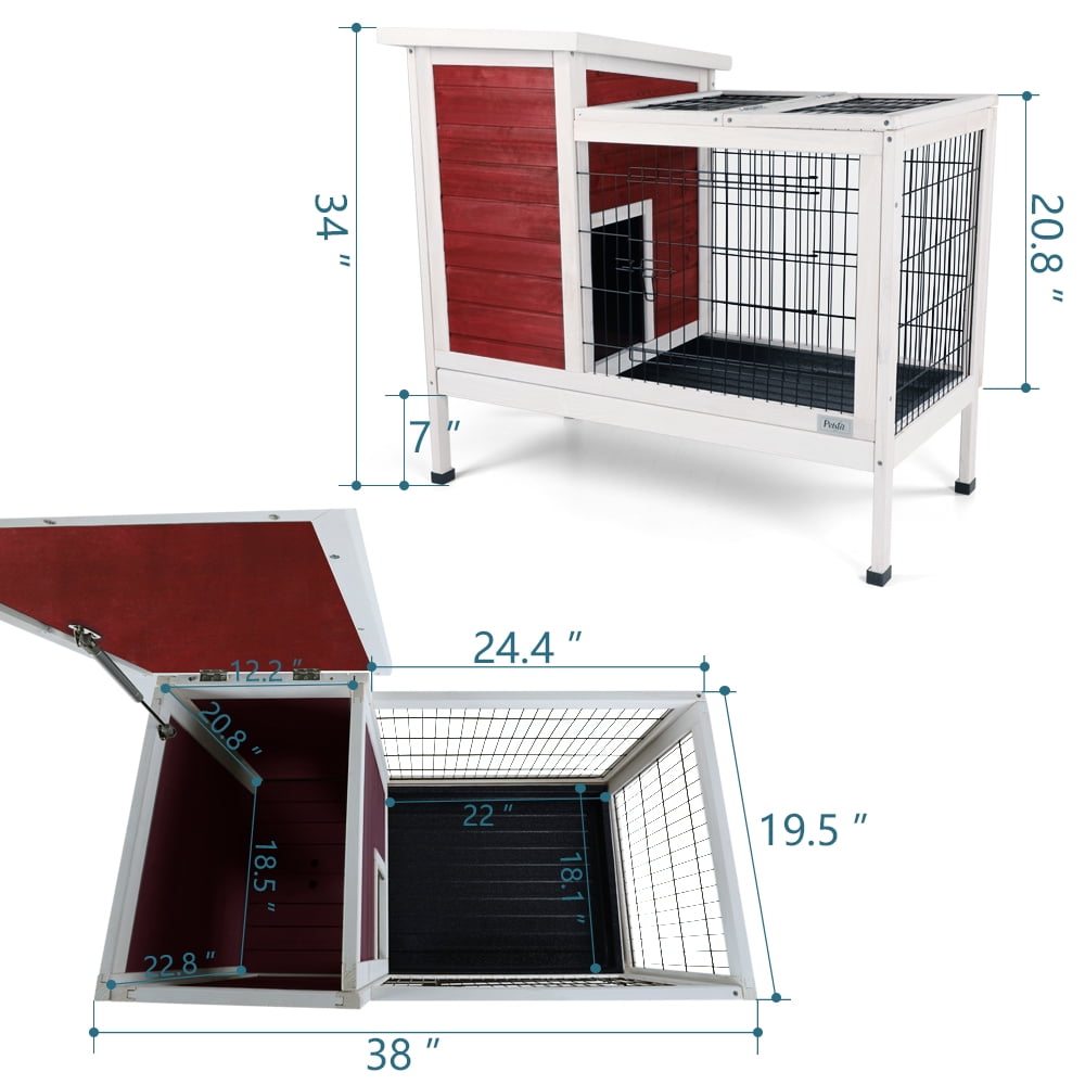 Witaxima Red Wooden Rabbit Hutch with Runway, 37.5x21.5x34 Inch Small Animal Cage, Leak-Proof Plastic Tray for Indoor/Outdoor Use