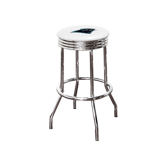 The Furniture King Bar Stool 24" Tall Backless Chrome Metal Stool Featuring Your Favorite Football Team Logo on a Colored Vinyl Swivel Seat Cushion Panthers on White