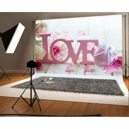 Image of MOHome 7x5ft Happy Valentine s Day Backdrop Pink Love Heart Bowknot Rose Flowers Petal Peeled Stripes Wood Plank Photography Background Girls Lover Photo Studio Props