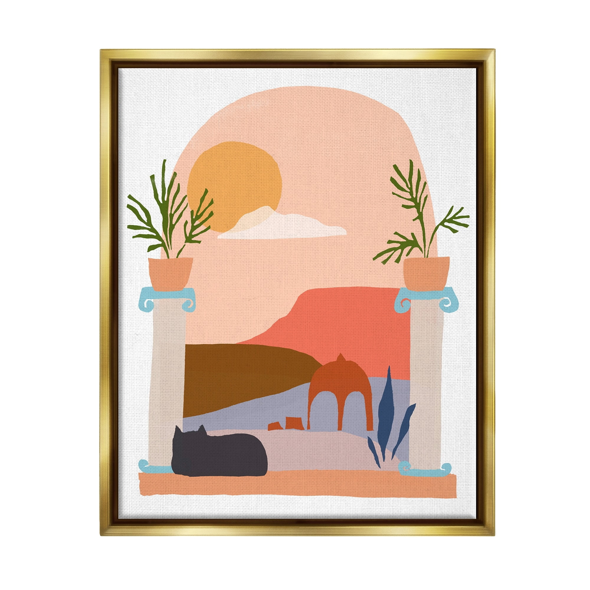 Stupell Industries Black Cat Watching Peaceful Sunny Hills Scenery Graphic Art Metallic Gold Floating Framed Canvas Print Wall Art, Design by June Erica Vess