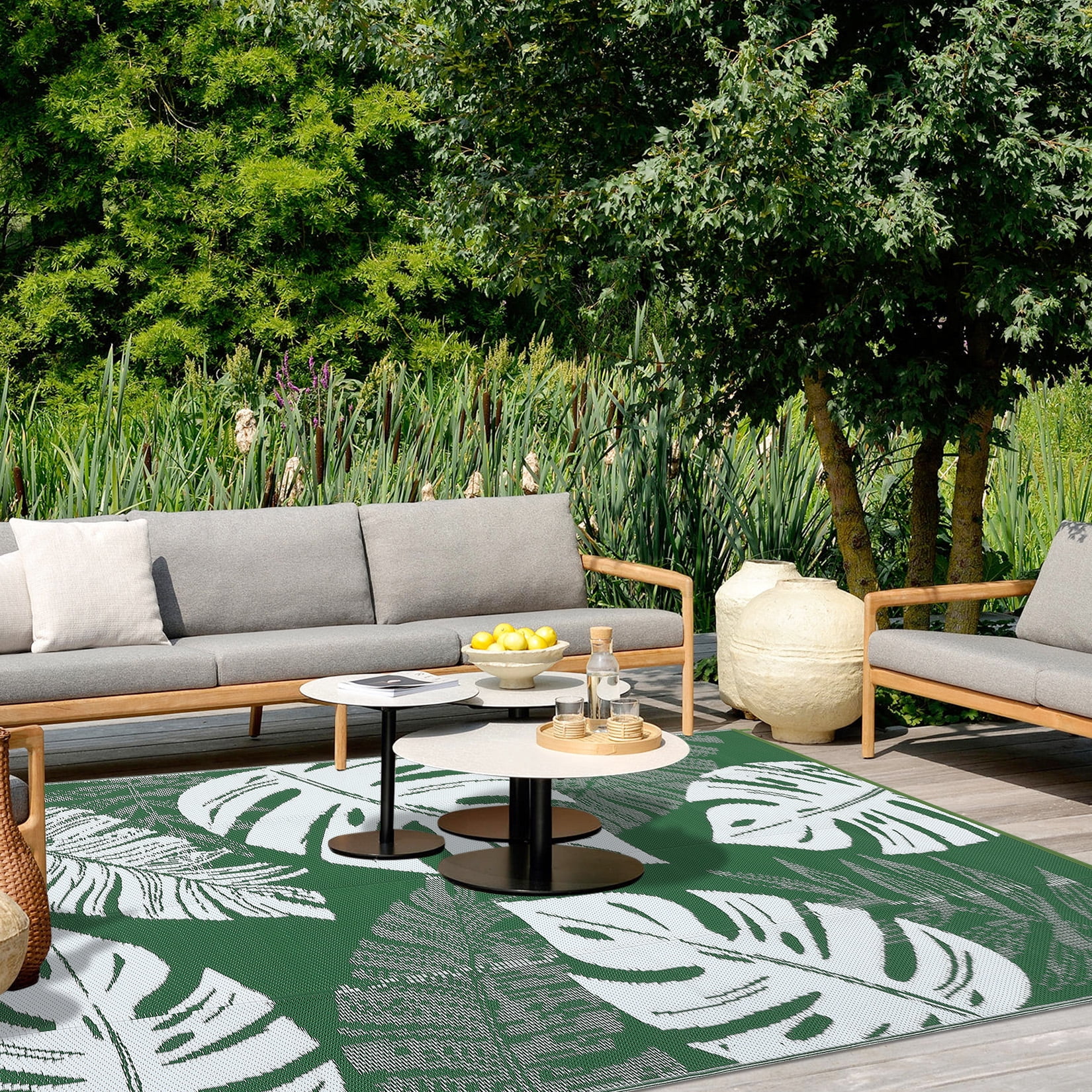 Haperlare 8'x10' Waterproof Outdoor Plastic Straw Rug, Modern Tropical Leaf Woven Carpet Reversible Patio Rug RV Camping Mat, Portable Outside Carpet for Deck Porch Yard Garden Balcony, Green White
