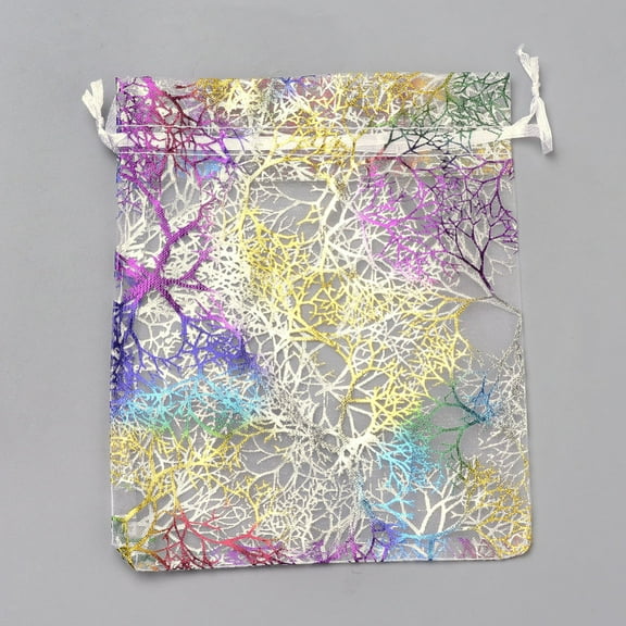 100 pc Organza Gift Bags Drawstring Bags with Colorful Coral Pattern Rectangle White 12x9cm