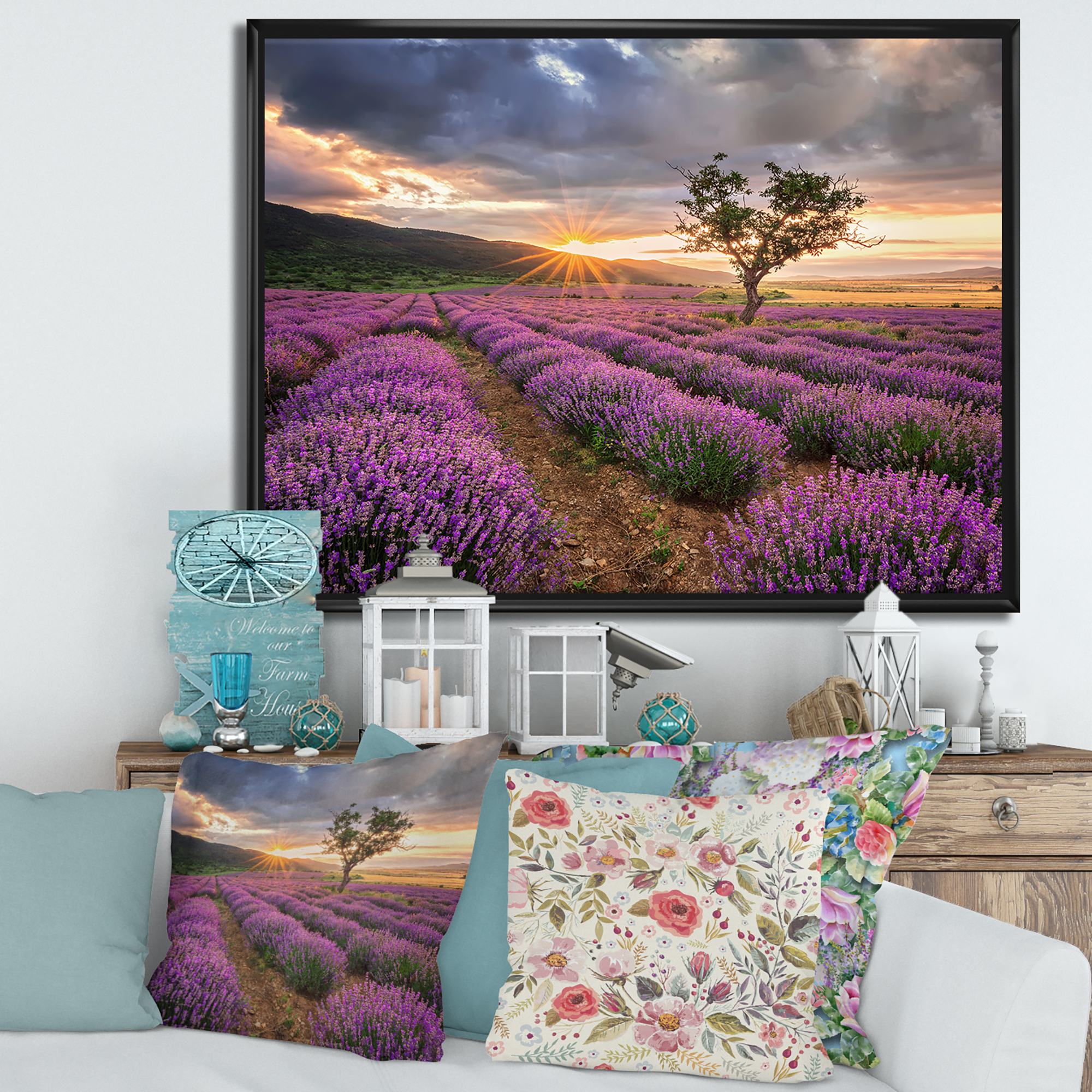 Designart 'Dramatic Clouds and Sunrise Over Lavender Field VIII' Farmhouse Framed Canvas Wall Art Print