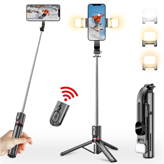 VAMOUT Selfie Stick, 45'' Extendable Selfie Stick Tripod with Bluetooth Remote & 2 Fill Light, 360°Rotation Portable Phone Tripod for Iphone and Android/iOS
