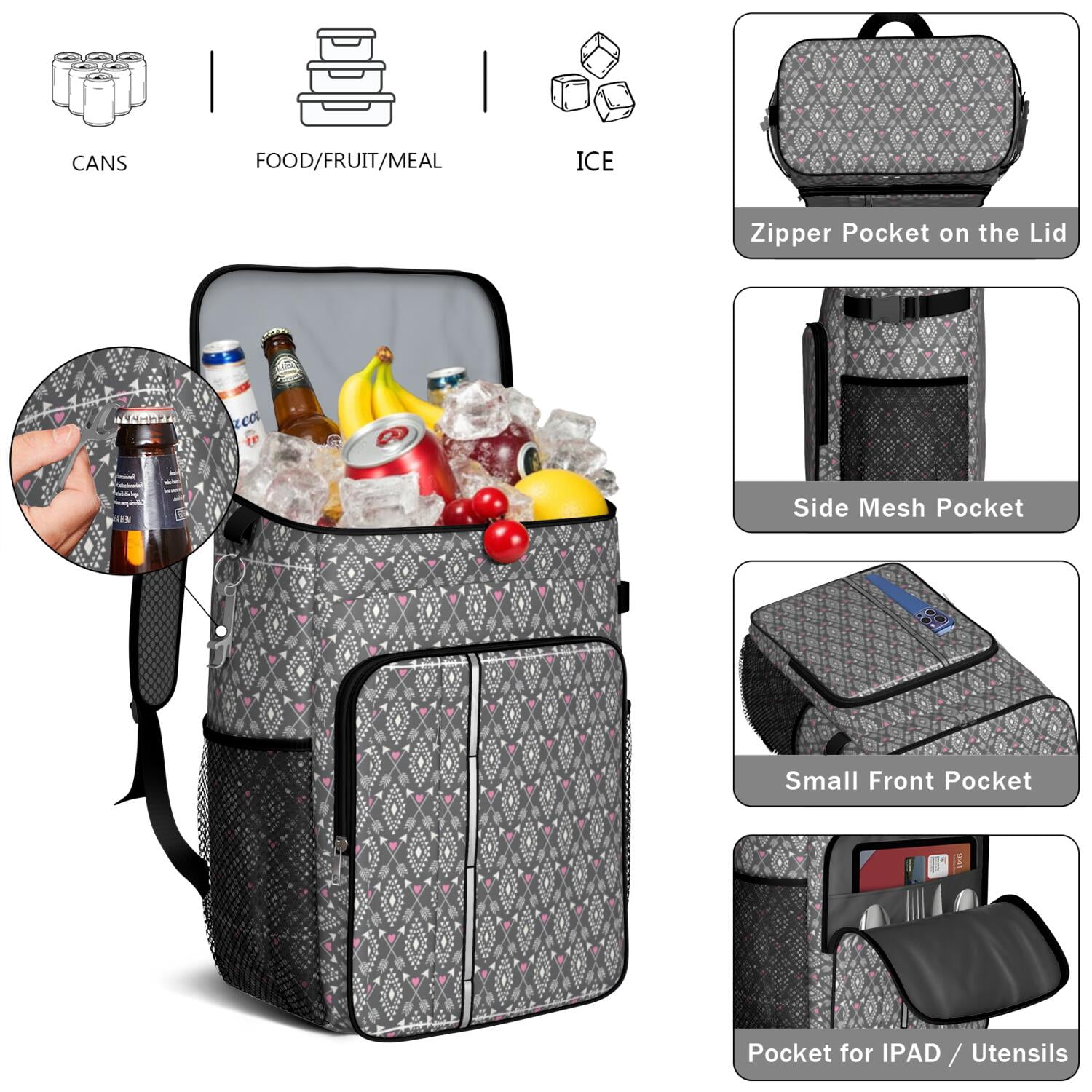 Travel Cooler Bag - Boho Bohemia Pioneer Flower Geometric Line Art Camping Beer Cooler Backpack with Bottle Opener- Waterproof Insulated Picnic Backpacks - Cooler Bag for Beach