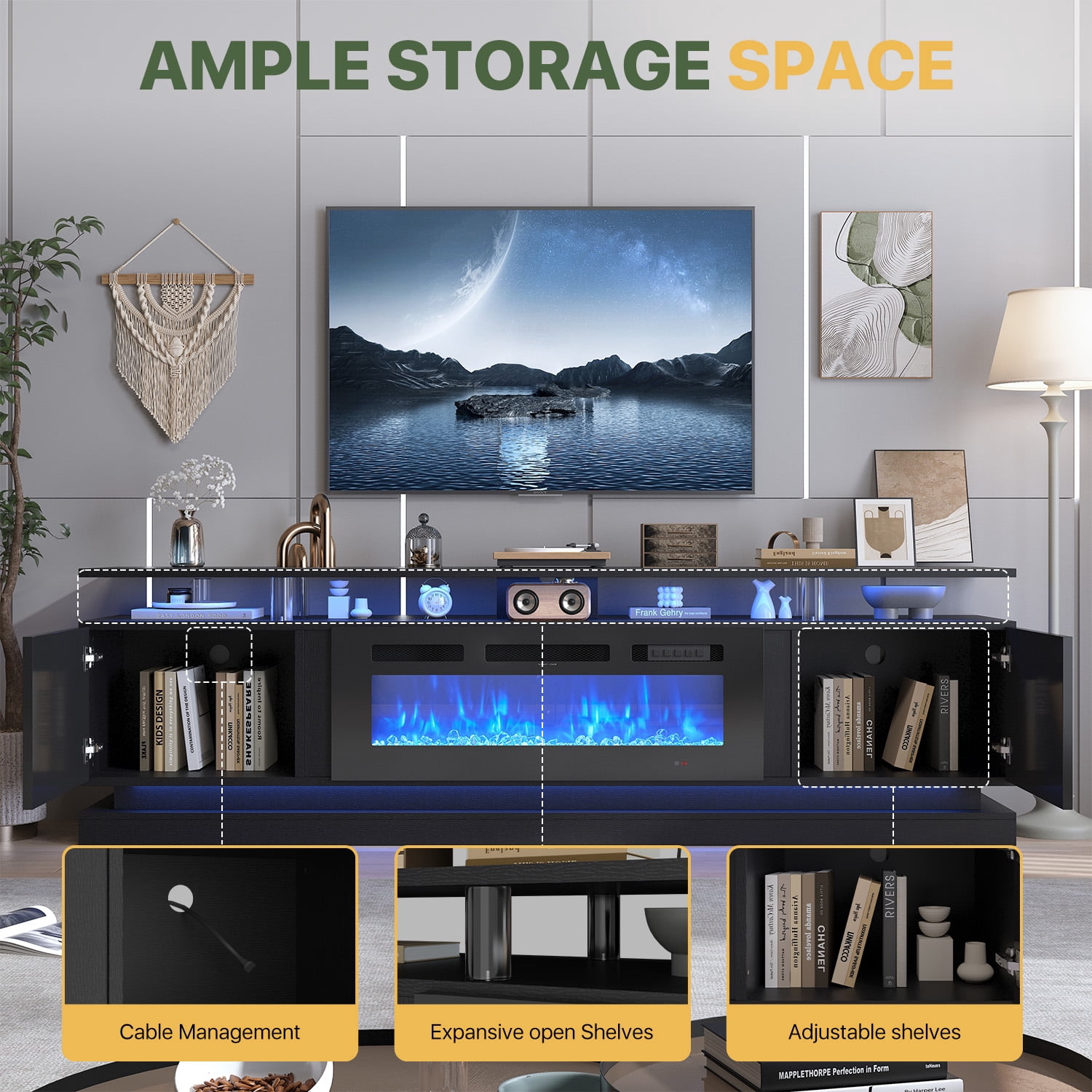 BaPiPro 80" Modern Electric Fireplace TV Stand for TVs Up to 90", Entertainment Center with Music Sync LED Lights & Storage Cabinets, Media Console for Living Room, Black