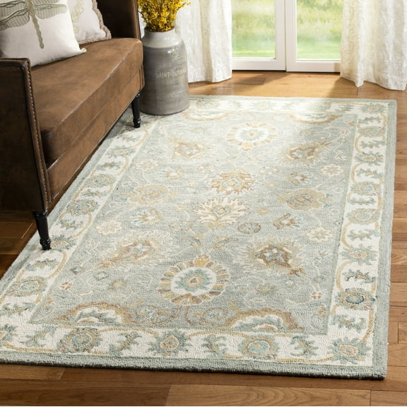 SAFAVIEH Blossom Fletcher Floral Bordered Wool Area Rug, Aqua/Ivory, 4' x 6'