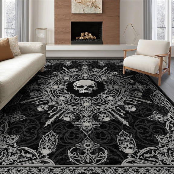 ODIKA 8'x10' Washable Area Rug Horror Motif Distressed Ornamental Frame Decoration for Dining Room, Large Office, Lounge, Non-Slip Chair-Friendly Mat