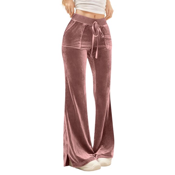 Byworldtasic Women's Velvet Pants with Drawstring Waist Wide Legs Casual Lounge Pants Side Slit Trousers