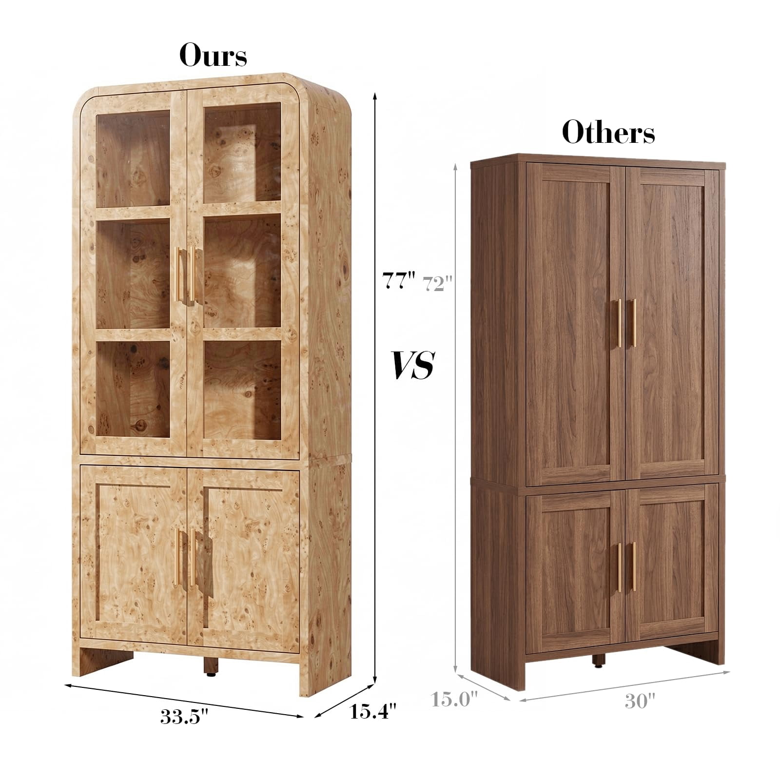Vintagearth  77" Tall Kitchen Pantry Cabinet, 1.18'' Thick Panel Curved Storage Cupboard with Adjustable Shelf, Freestanding Organizer for Kitchen, Dining Room, Light Burl