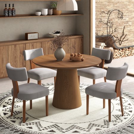 Katboc 43in Circular Dining Table and 2 Chairs Set Modern Minimalist Round Table with Linen Fabric Armless Chairs Walnut Table Black Chairs for Dining Room Living Room Family Gathering Gray