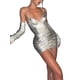 thumbnail image 3 of TRKIYQC, vestido ceñido al cuerpo de cuero PU para mujer, vestido de tirantes sin mangas de corte bajo con cuello en V de Color sólido, vestido de fiesta sin espalda fruncido con cordón de verano TRKIYQC moda, 3 of 8