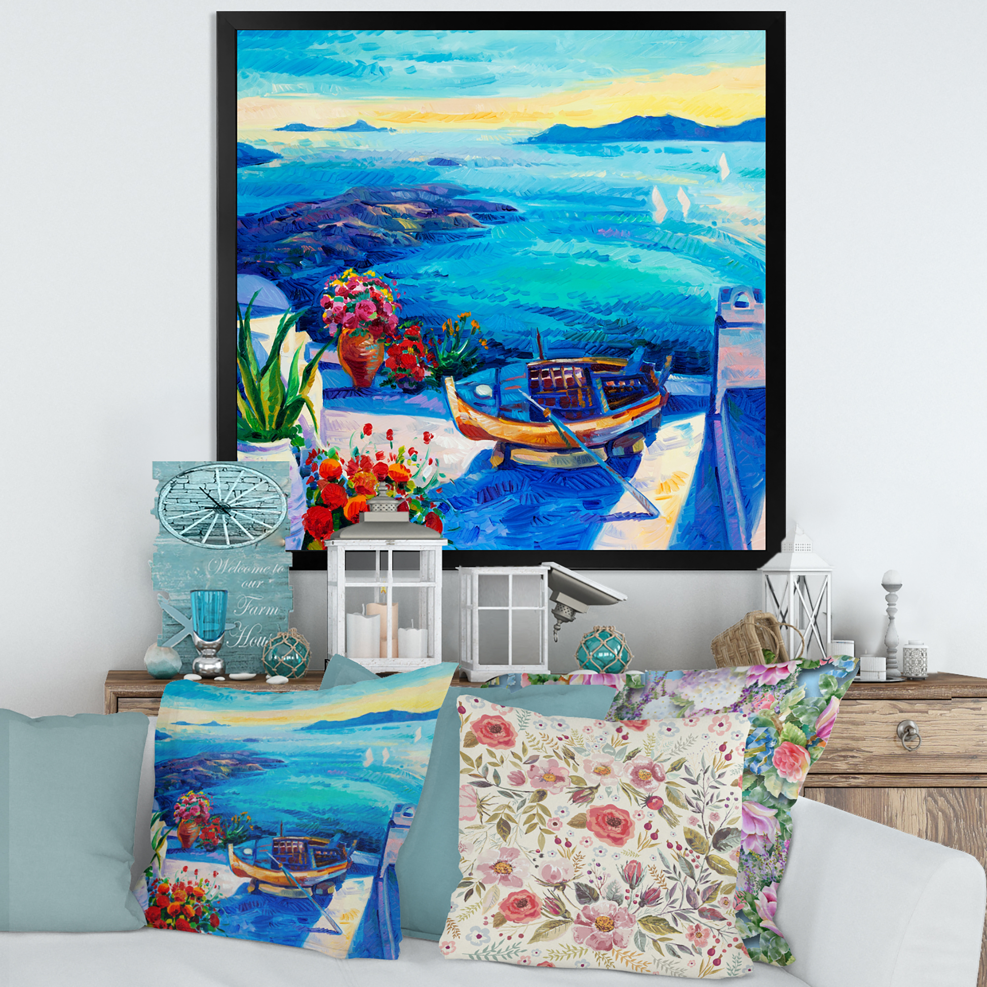 Designart 'Little Red Flowers With Sea View' Nautical & Coastal Framed Art Print