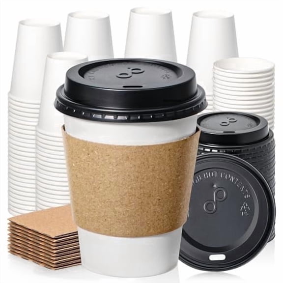 Fit Meal Prep 100 Pack 8 oz Disposable Coffee Cups with Lids and Sleeves –Small To Go Paper Cups, Leak-Proof for 7 Days, BPA-Free – for Kids Hot Chocolate, Espresso, Office, Party