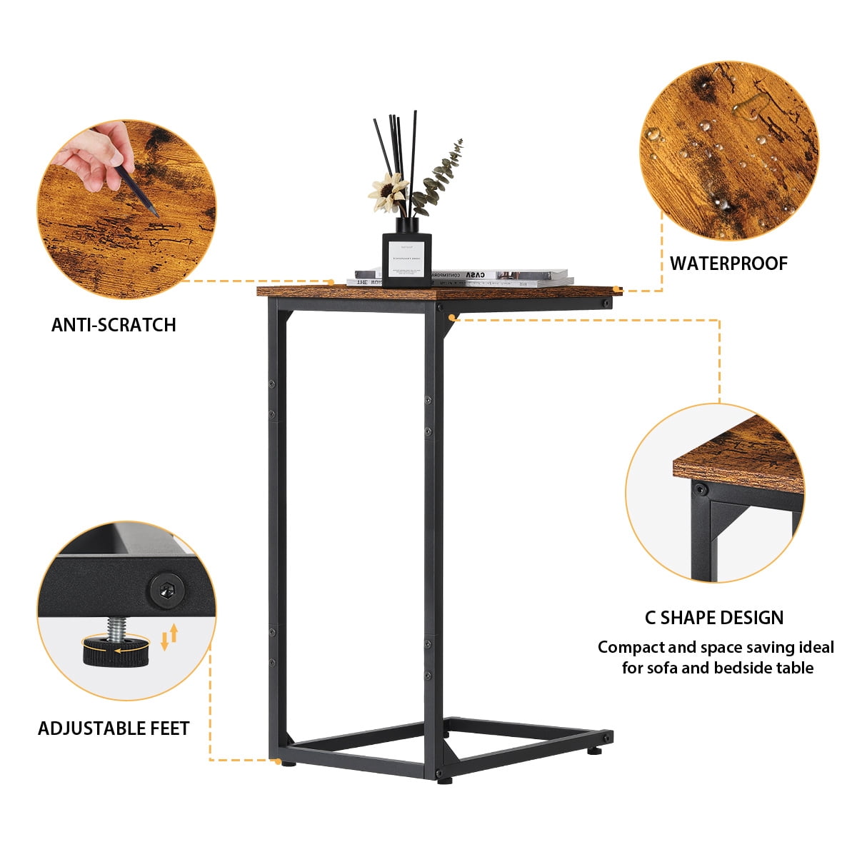 Tall C‑Shaped Side Table, 27.5 Inch Easy‑Assembly C Table for Sofa and Bedside, Single Pack Brown
