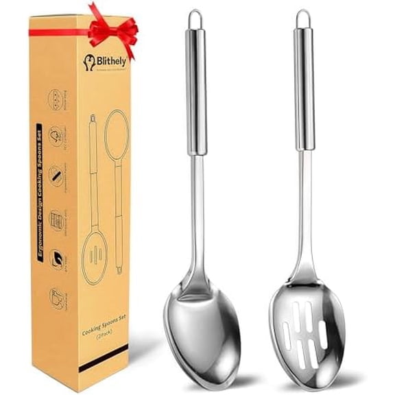 2 Pack Large Cooking Spoon Set, Stainless Steel Serving Spoon and Slotted Spoon for Cooking, Heat Resistant Long Basting Spoons with Round Handle for Mixing and Serving Food