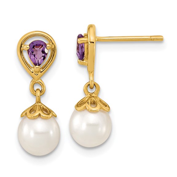 Primal Gold 14 Karat Yellow Gold 6-7mm White Round Freshwater Cultured Pearl Amethyst Post Dangle Earrings