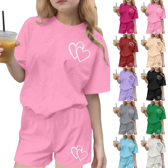 Girls' 2 Piece Summer Outfits Kids Short Sleeve Shirt and Drawstring Pockets Shorts Set Loose Casual Sets Blue 3-4Years