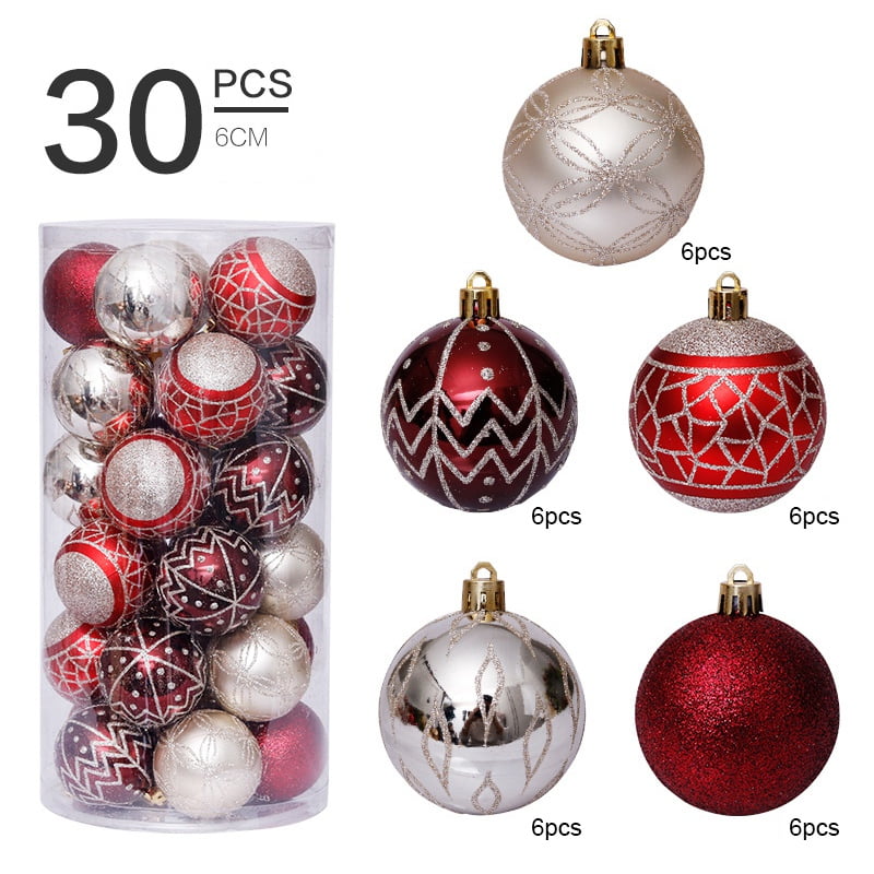 Red & Gold Glitter Detail 6 x Hand Painted Christmas Tree Glass Baubles 
