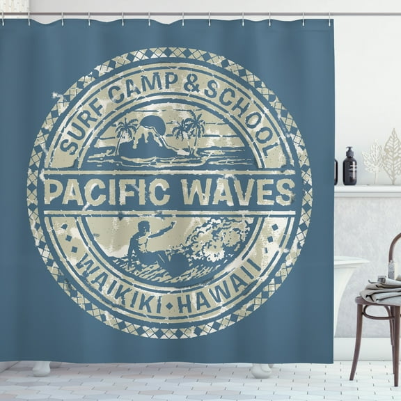 Ambesonne Holiday Shower Curtain, Pacific Waves Surf Camp, 69"Wx75"L, Khaki Slate Blue