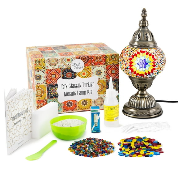 KRAFTSTORIES Turkish Mosaic Lamp Kit DIY Glass Decorative Table Bedside Night Light Tabletop for Living Room Bedroom | Make Your Own Lamp | Antique Bronze Base (Multicolor)