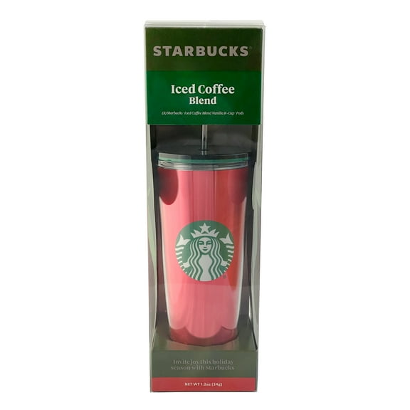 Starbucks Limited Edition 24oz Double Wall Tumbler Cold To Go Cup with Vanilla Iced Coffee K-Cup Pods (3) - Red