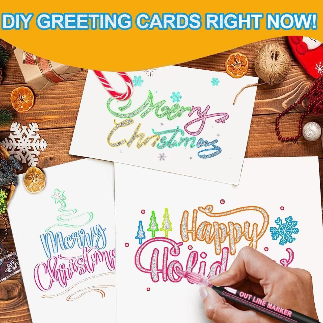 Outline Shimmer Markers, 12/24 Colors Double Line Self-Outline Glitter Markers with Metallic Ink for Greeting Cards, DIY Art, Scrapbooking & Craft Projects