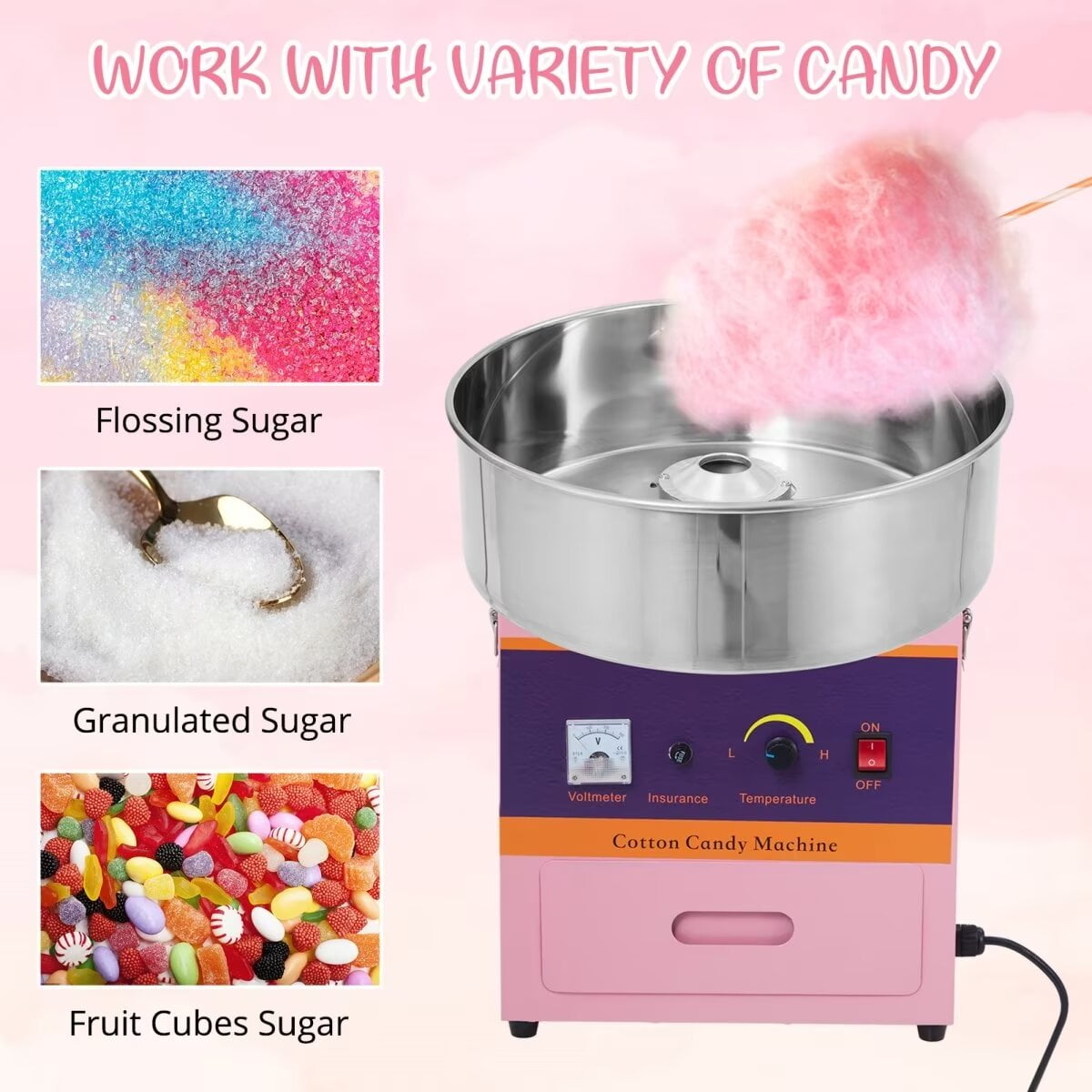 Commercial Cotton Candy Machine, 1000W Electric Cotton Candy Maker with Stainless Steel Bowl for Home Party Carnival, Pink