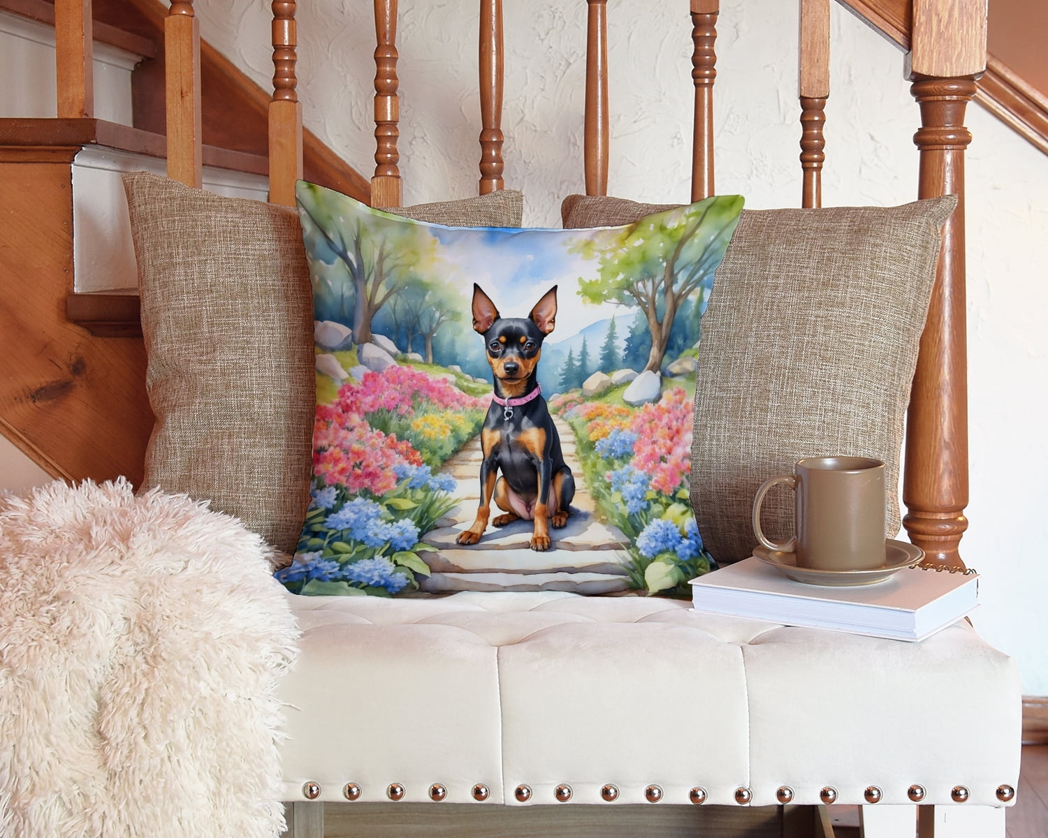 Miniature Pinscher Spring Path Throw Pillow 14 in x 14 in