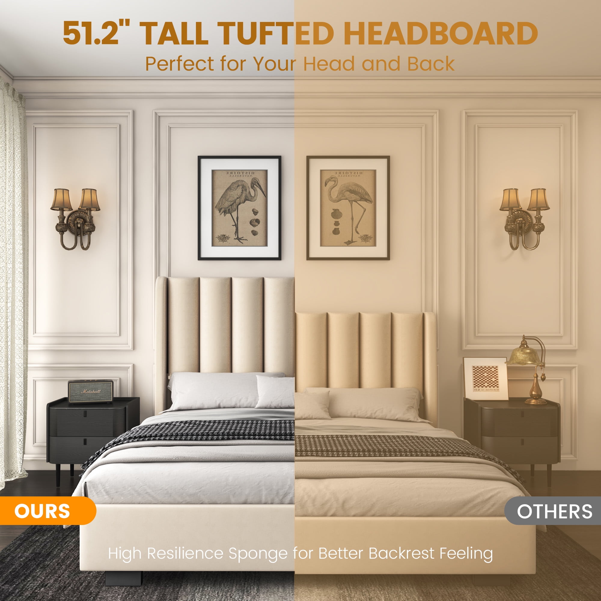 Queen Size Lift Up Storage Bed Frame with 51" Tall Headboard, Upholstered Velvet Wingback Tufted Platform Bed, No Box Spring Required, Noise-Free Queen Bed Frame with Hydraulic System (Queen,Beige)