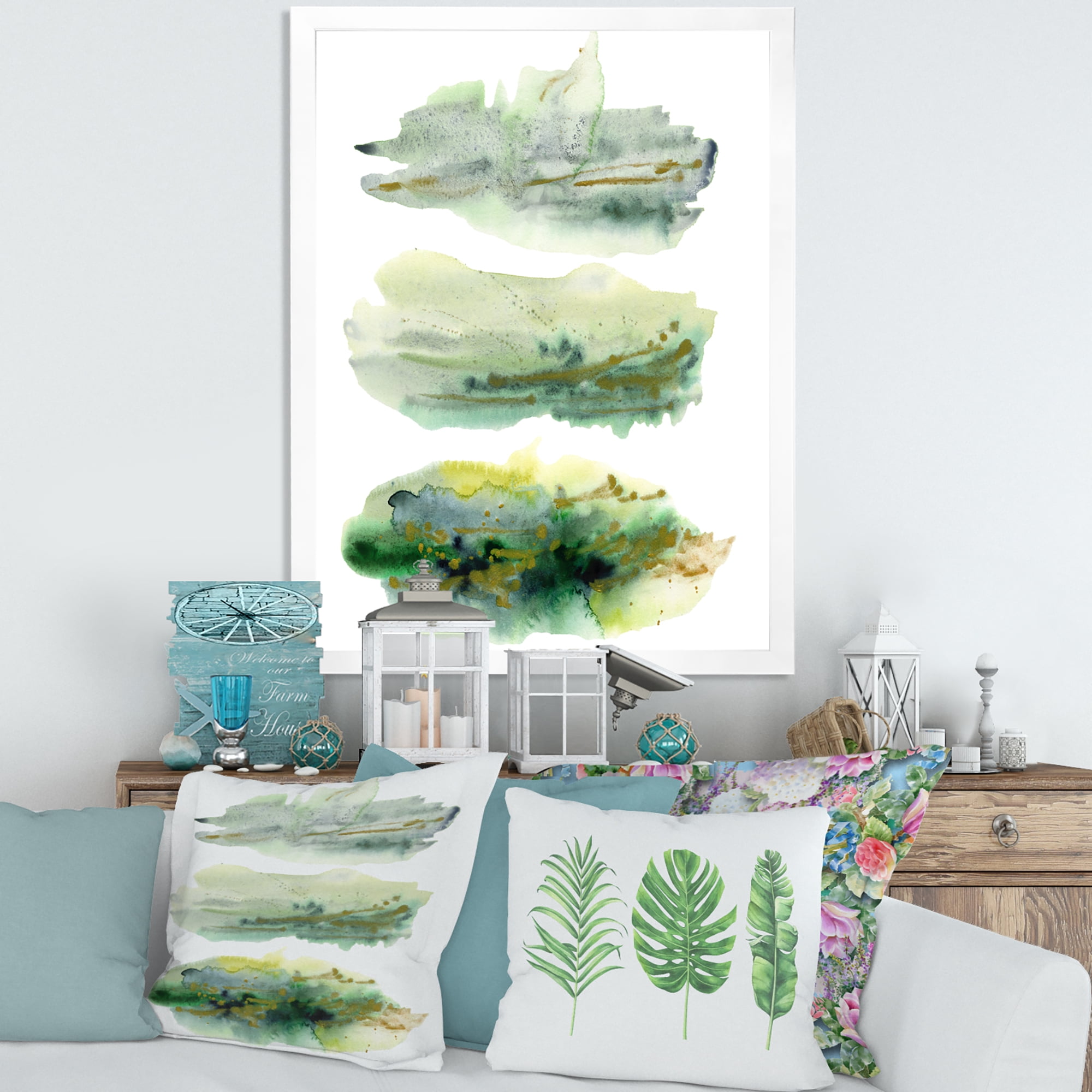 Designart 'Golden Green Abstract Clouds II' Modern Framed Art Print