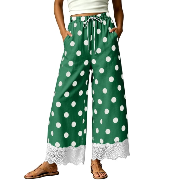 Usloyux Women Plus Size Wide Leg High Waisted Trousers with Pockets Polka Dot Casual Loose Ankle Pants Workout, Green 2XL