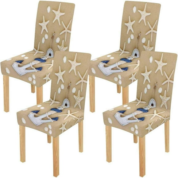 POGLIP Beach Wooden Anchor Starfish Cockle Seashells Stretch Chair Cover Protector Seat Slipcover for Dining Room Hotel Wedding Party Set of 4