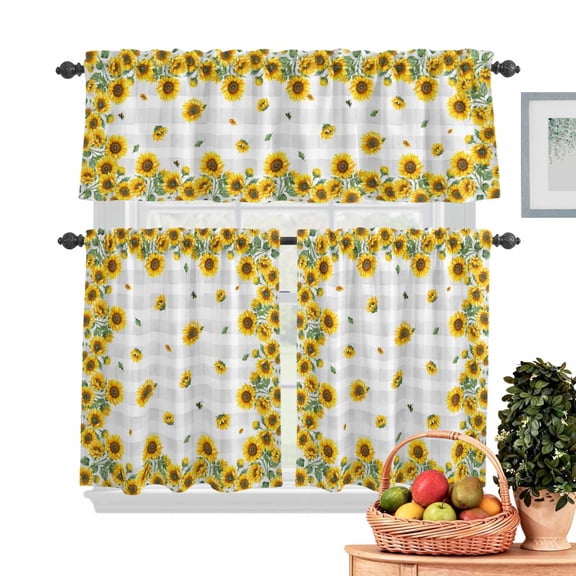 Farmhouse Vintage Kitchen Curtains Valances 3 Piece Set, Sunflowers Floral Botanical Grey Plaid Rod Pocket Tier Curtain and Valance Drapes for Small Window 24 Inch Length for Bedroom Cafe