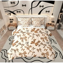 Feelyou Girls Cute Bow-tie Bedding Comforter Set 7 Pieces, Leopard Print Bowknot Ribbon Full Bedding Set, Cute Cartoon Theme Reversible Fitted Sheet Flat Sheet, Luxury Bedroom Decor