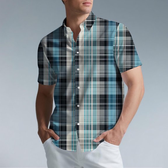 Handshe Mens Button Up Shirts Short Sleeve Plaid Printed Lapel Dress Shirt Vintage Classic Bowling T-Shirts