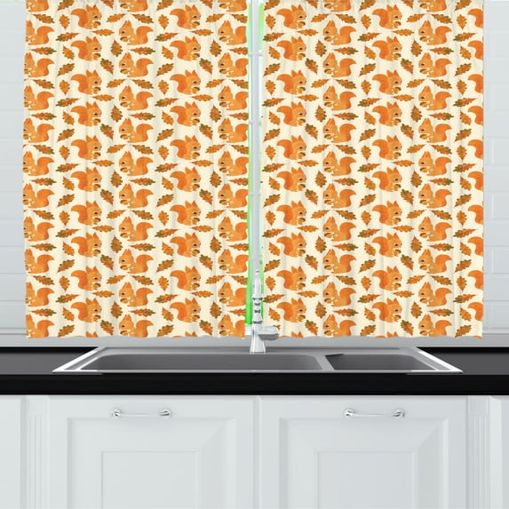 Acorn Kitchen Curtains, Continuous Style Watercolor Design Autumnal Leaves and Squirrels, Two Panels Drapes with Rod Pocket Room Decor, 55" X 45", Cream Pale Orange and Fawn, by Ambesonne