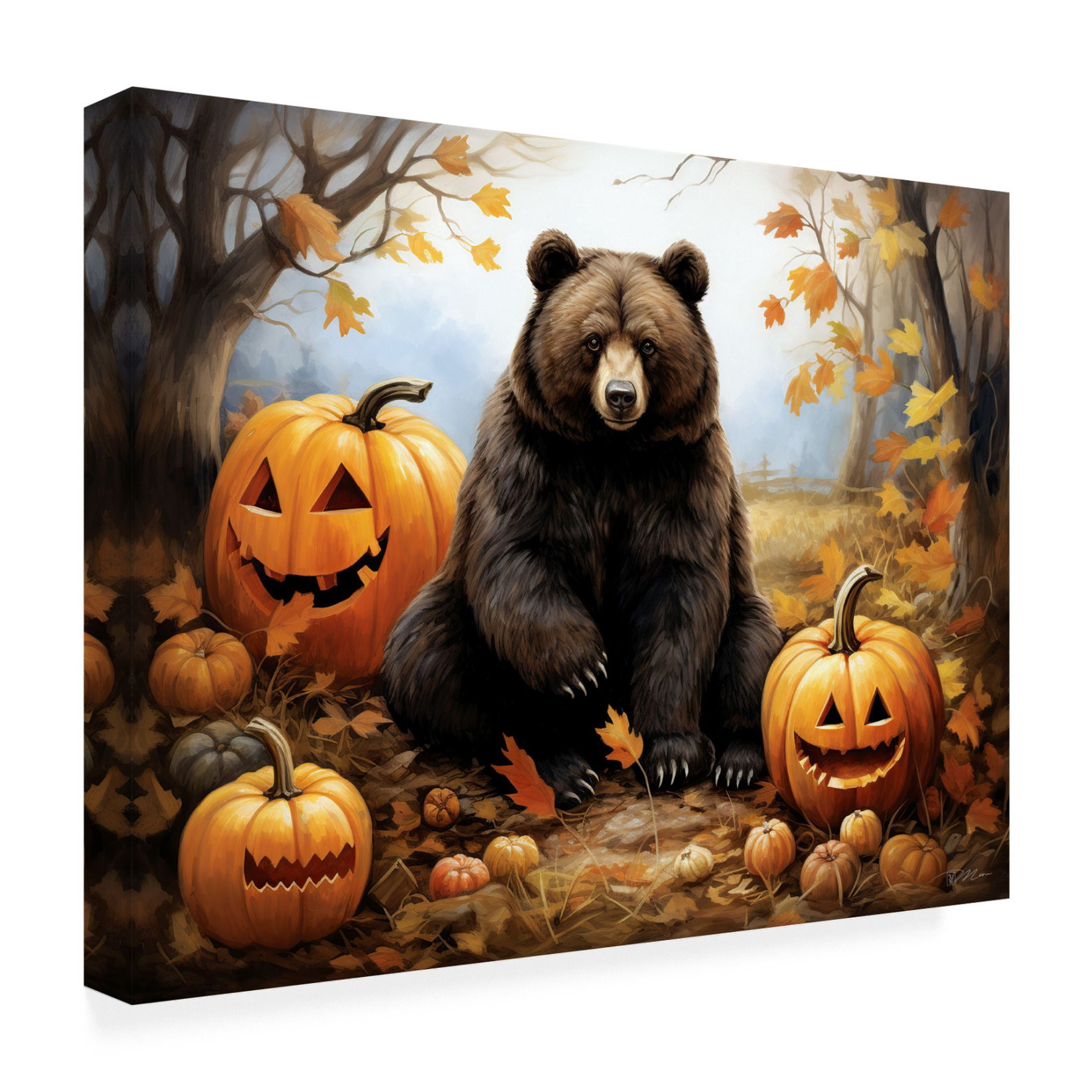 Canvas Wall Art - Momart 'Halloween Bear and Pumpkins' Wall Art for Living Room, Bedroom, or Office Décor by Trademark Fine Art - 19 x 14 Inches