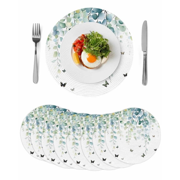 Blue Green Eucalyptus Round 13 Inch Placemats Set of 8, Sage Gradient Leaves Butterfly HeatResistant Non Slip Place Mats for Dining Table, Wipeable Braided Kitchen Table Mats for Housewarming