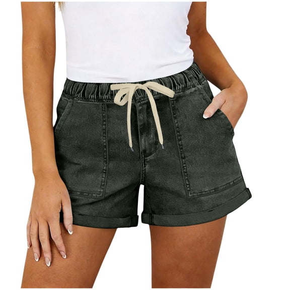 BTDECLAR Jean Shorts Womens Elastic Waist Drawstring Rolled Hem Vintage Denim Shorts Trendy Stretchy Summer Casual Shorts with Pockets