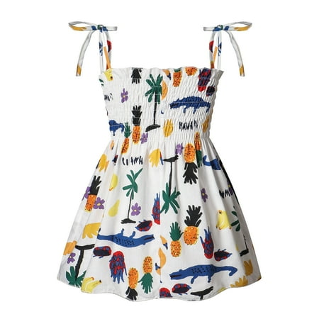 

THE WILD Toddler Dress Casual Spaghetti Strap Ruffled Printed Square Neck Sleeveless Midi Prom Dress White