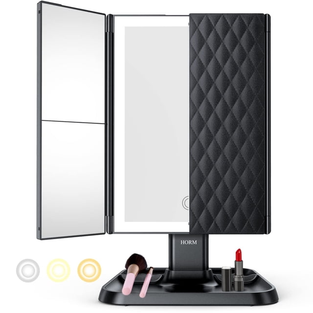 Espejo de tocador para maquillaje, triple, con luces LED, 72 modos, 3 modos, negro